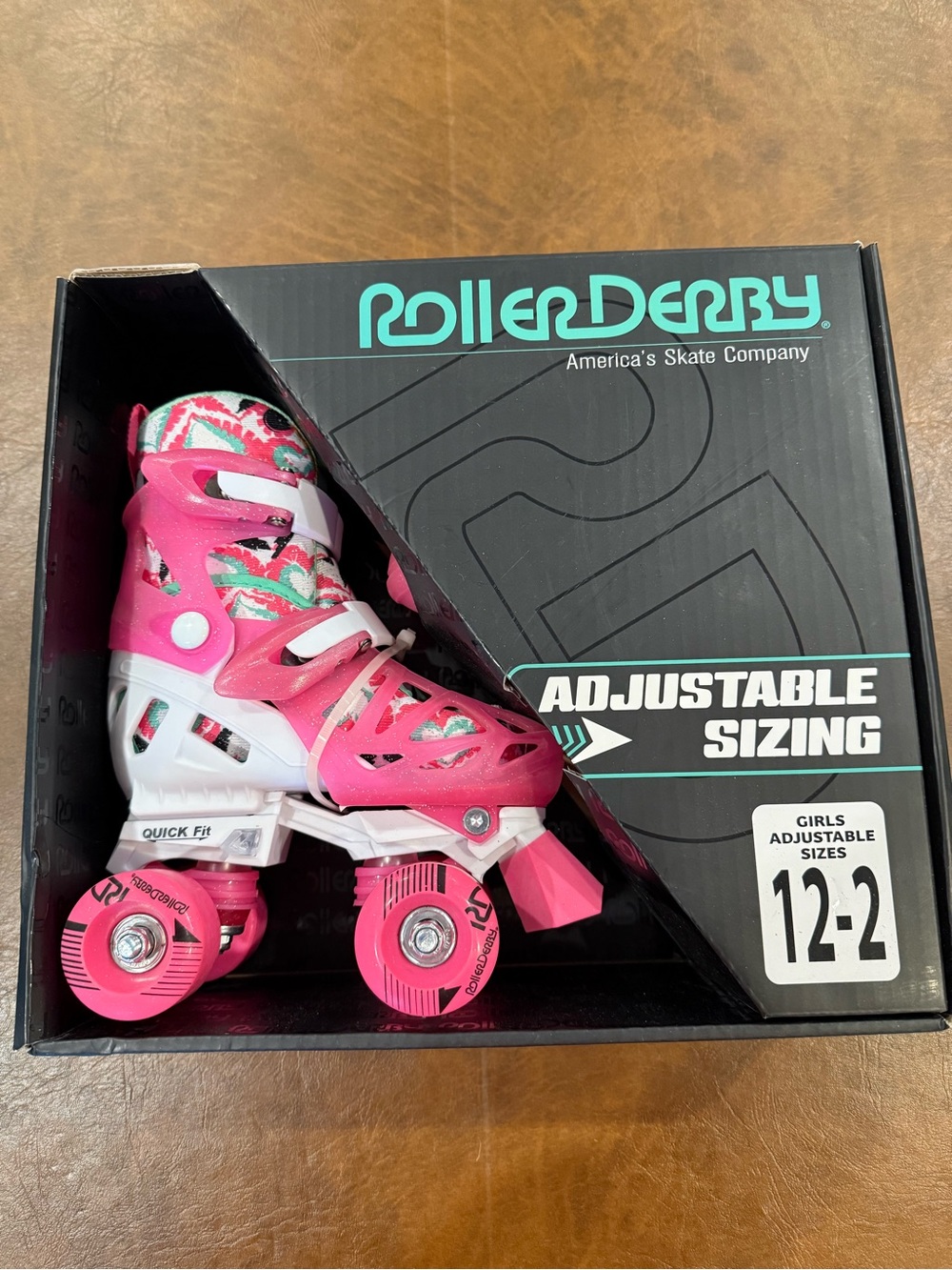 Roller Derby Girls Pink, White Glitter Adjustable Roller Skates Size 12-2